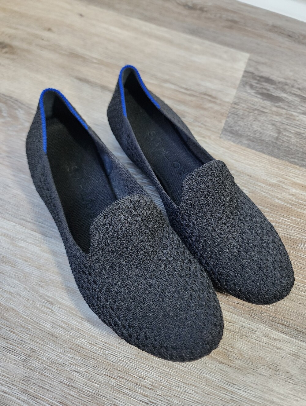 Rothy's Honeycomb Black Knit Slip-On Loafers Blue Trim Size 8